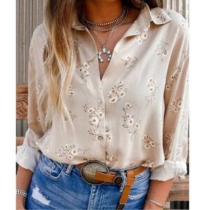 Boho Floral Print Button Down Poplin Long Sleeve Shirt XS S M L XL
